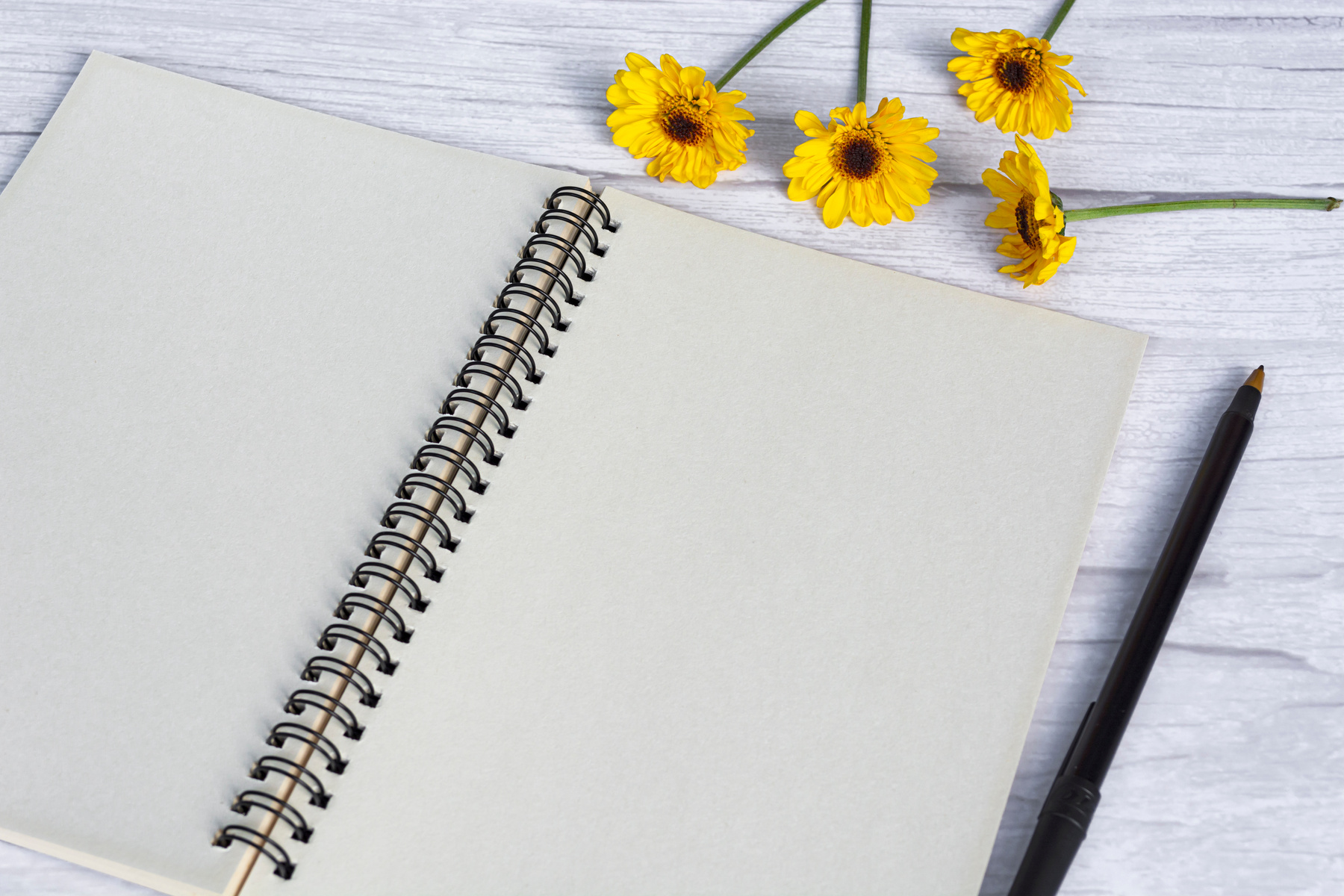 Note book flat lay with sunflowers on wooden desk. Directly
